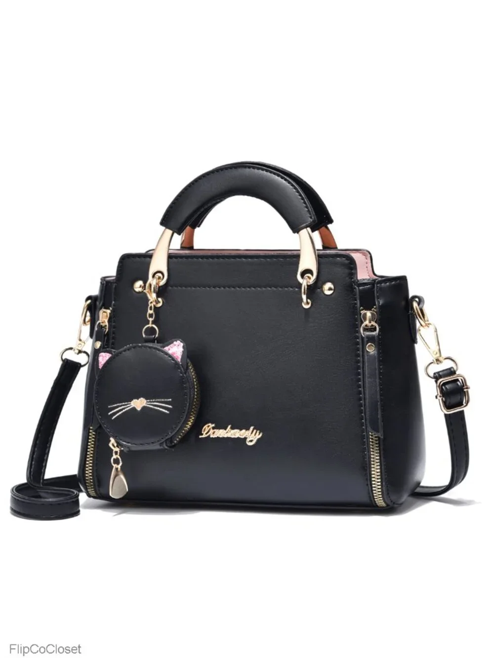 PU Leather Top Handle Satchel Crossbody Tote with Kitten Pendant